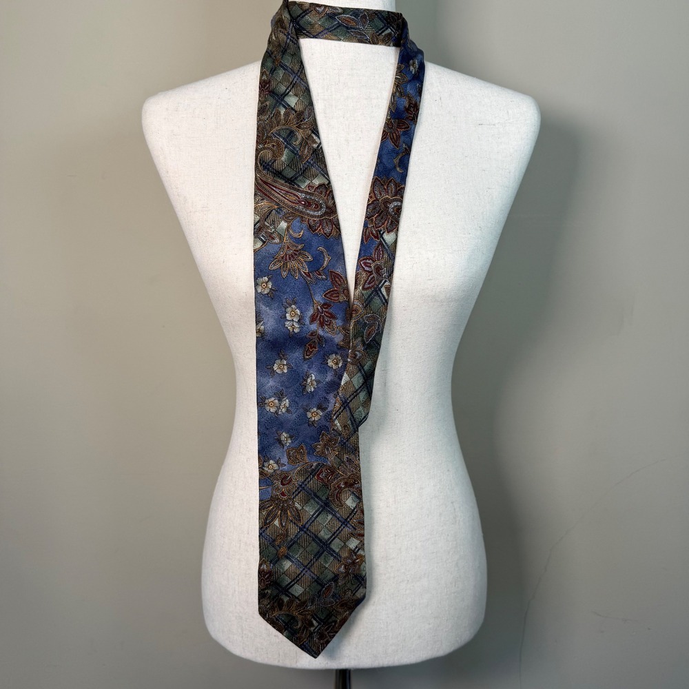 VTG Morgan Hart 100% Silk Made in USA Blue/Brown Floral Paisley Plaid Tie